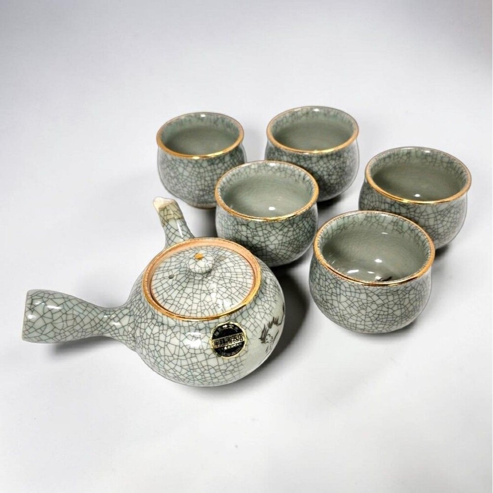 Vintage Japanese Somayaki Soma Ware 6pc Tea Set Green Crackle Glaze Gold Horse